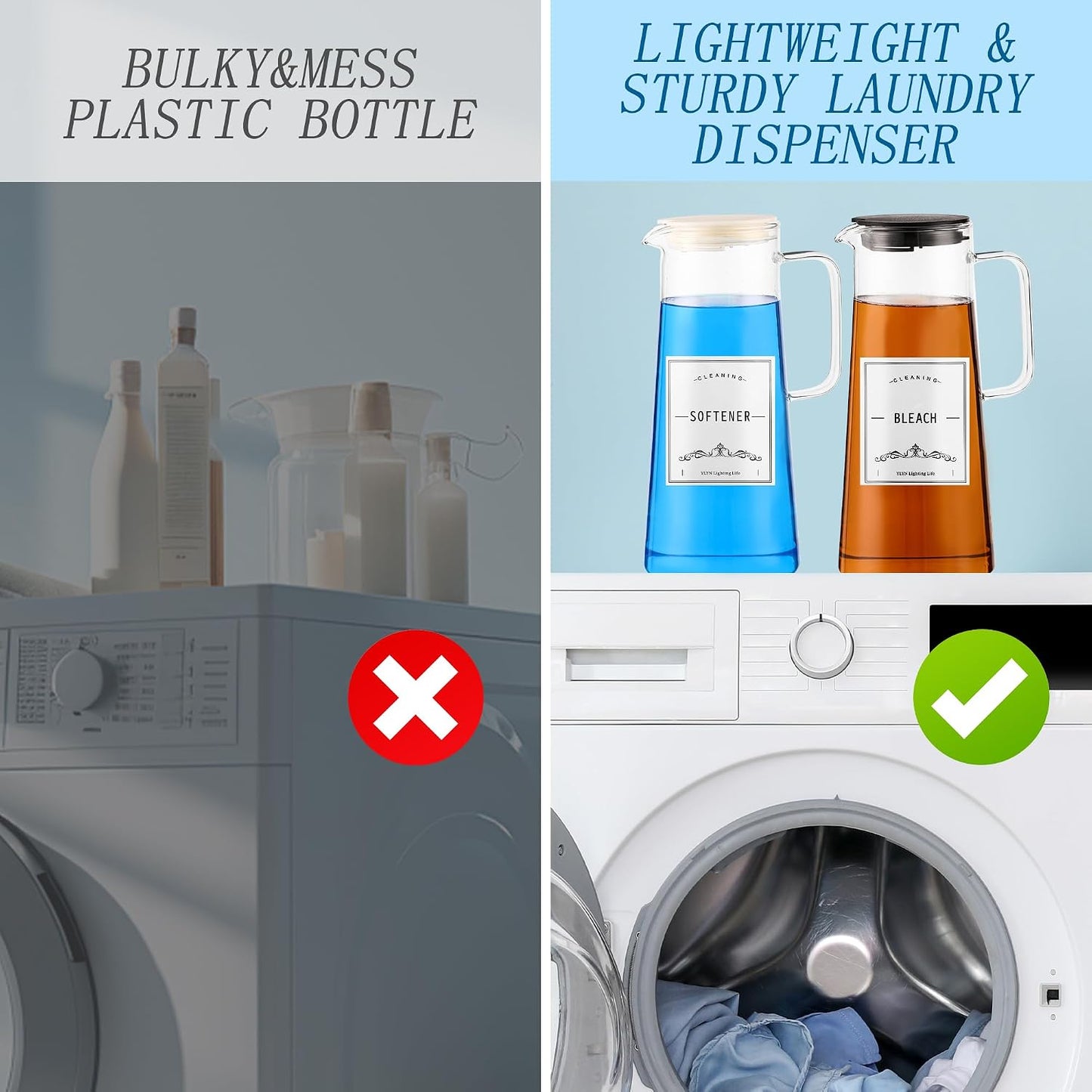 2PCS 50oz Laundry Detergent Dispenser. Glass Liquid Laundry Detergent Dispenser for Bleach,Fabric Softener. Laundry Soap Dispenser for Laundry Room Organization and Storage.
