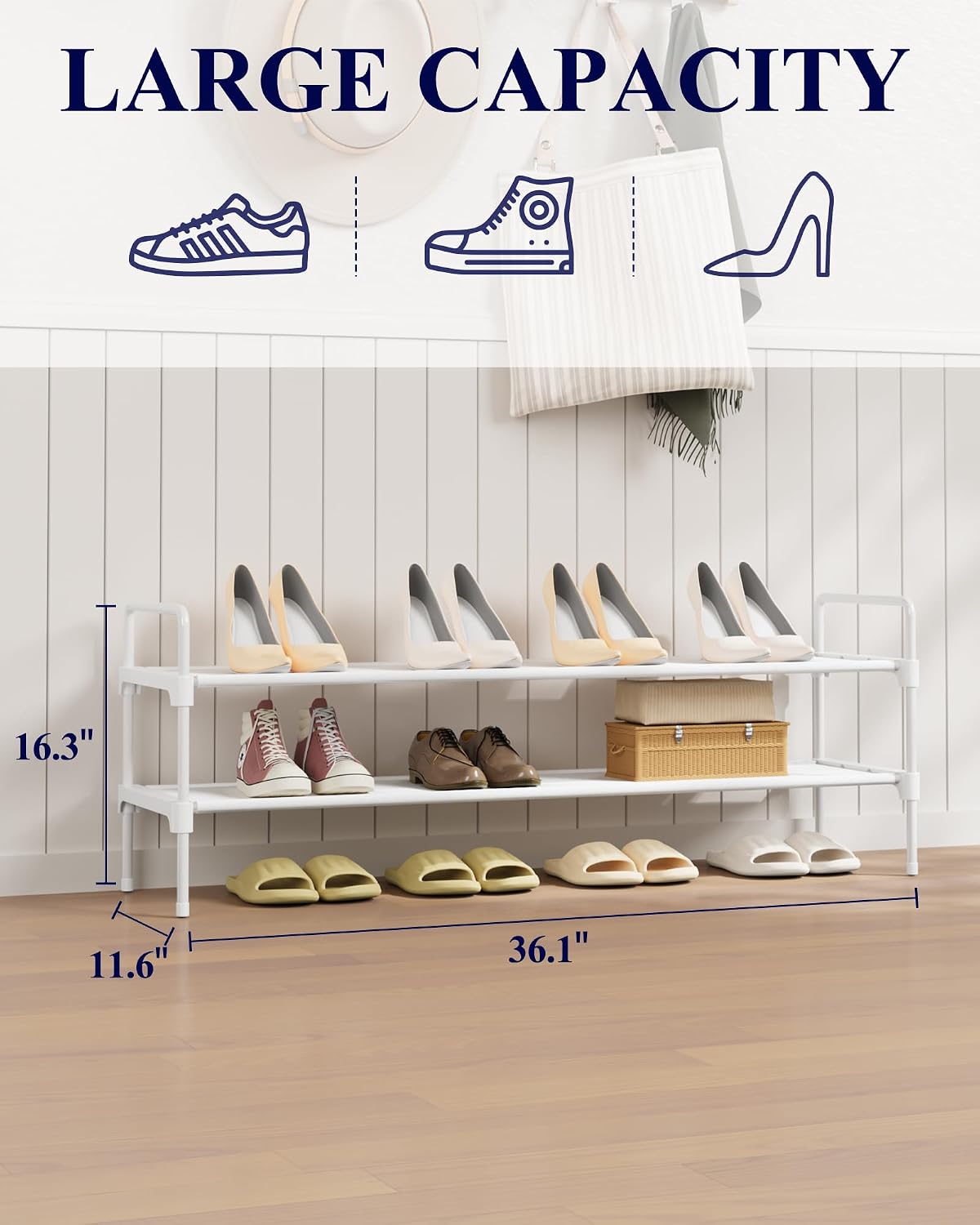 Kitsure Shoe Rack, 39" Wide Extra-Long Shoe Organizer, 3-Tier, Black | Closet, Front Door Entrance, Entryway, Stackable & Detachable Shelf, Closet Organizers and Storage