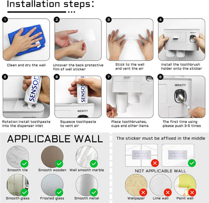 Toothbrush Holder Wall Mounted, WEKITY Multi-Functional Toothbrush and Toothpaste Dispenser for Bathroom, with 5 Toothbrush Slots, 2 Toothpaste Squeezers and 4 Cups(Grey)