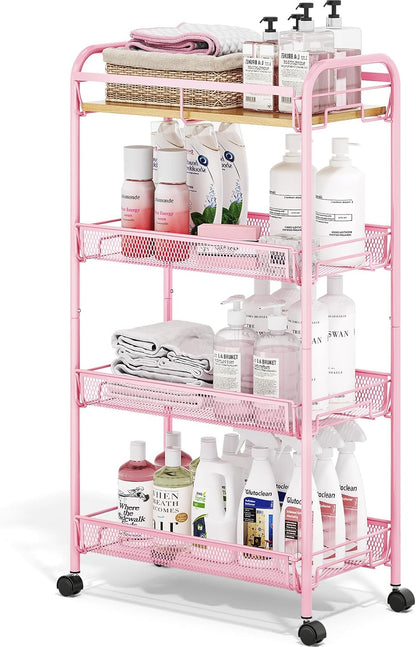 TOOLF 4-Tier Slim Rolling Cart, Metal Utility Cart, Slide Out Storage Cart with Wooden Tabletop and Mesh Baskets for Narrow Space on Kitchen Bathroom Laundry Room Bedroom Apartments Dormitory