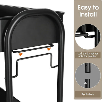 Slim Rolling Cart, Metal Frame Utility Rolling 3-Tier Narrow Storage Cart with Handle Kitchen Storage Organizer, Mobile Shelving Unit for Bathroom Kitchen