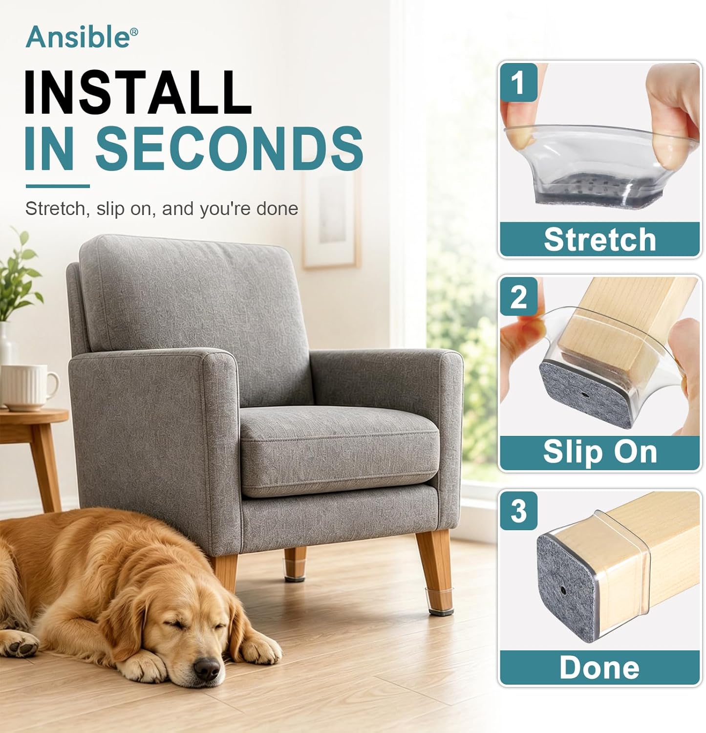 Ansible 24 Pcs Chair Leg Floor Protectors Square, Silicone Felt Furniture Leg Pads Caps Covers for Hardwood Floors (Fit:1-1/16" to 1-5/8")