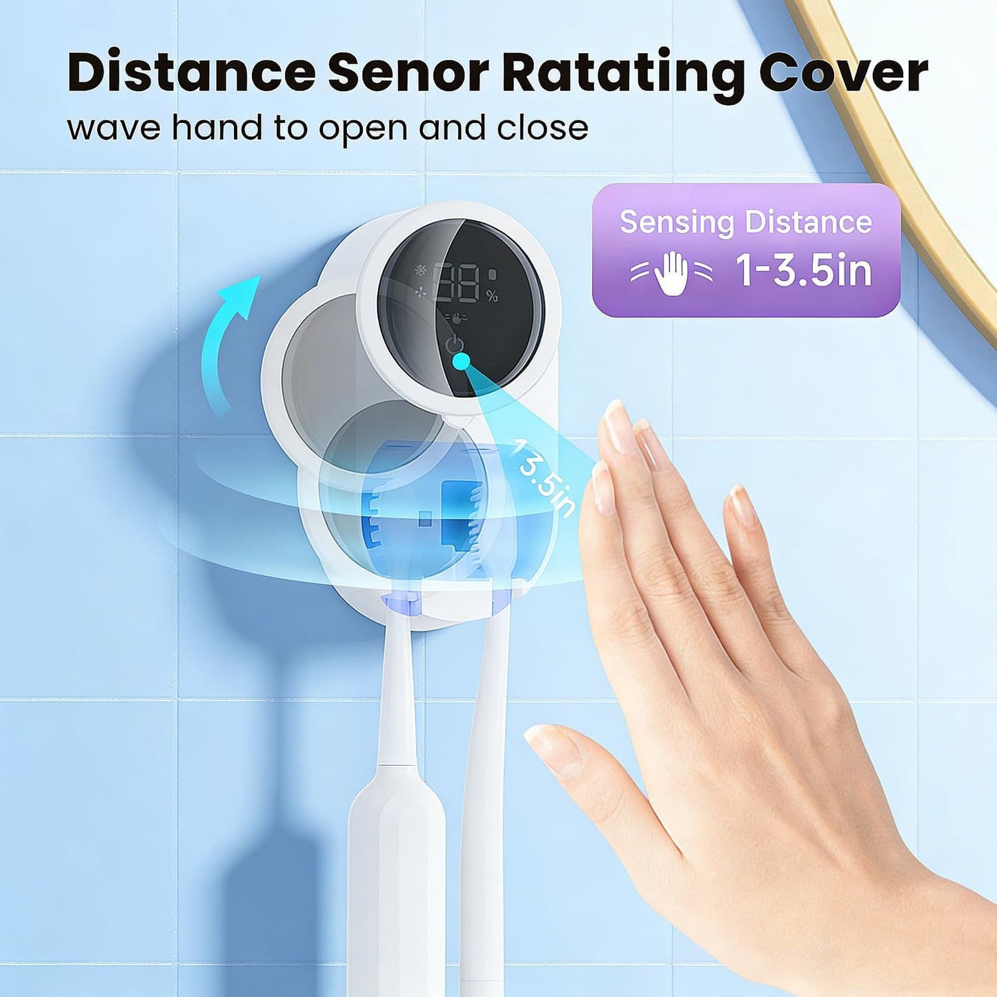 Toothbrush Holder and Cleaner Razor Holder/Dryer Light Cleaning and Air Drying Automatic Ratating Cover Rechargeable Wall Mounted for Bathroom Portable for Trip