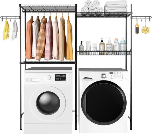 Over Washer and Dryer Storage Shelves, 4 Tiers Standing Clothes Drying Rack with Basket, Hanger Rod & Hooks for Laundry Room Storage Organization, Black