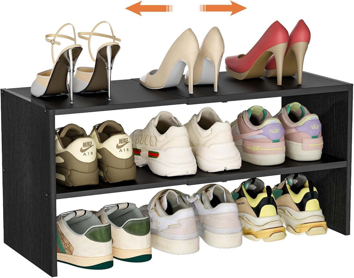 White Shoe Rack Organizer for Closet, 2-Tier Expandable Shoe Shelf, Stackable Iron Wood Combination Small Shoe Racks Shelves for Closets, Entryway,Small Space,Hallway,Bedroom,Bathroom,6-12 Pairs