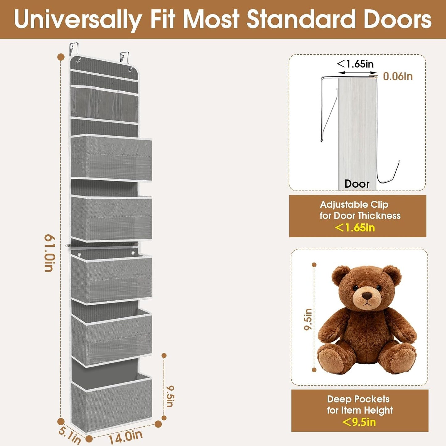 WISELIFE Over The Door Organizer Storage with 4 Large Pockets Door Hanging Organizer with Clear Windows behind The Door Storage for Nursery Bedroom Bathroom Pantry Closet and Baby Essentials Dark Grey