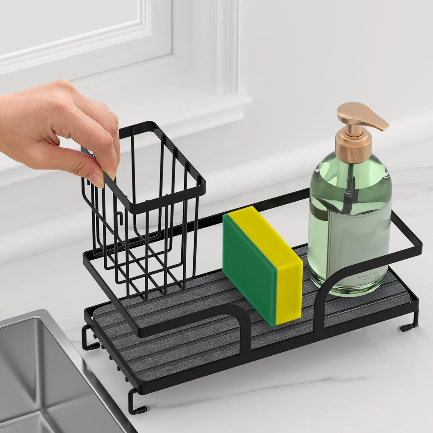 Sponge Holder for Kitchen Sink,Sink Caddy Organizer With Stone Drying Tray, Stainless Steel Kitchen Countertop Organizer for Sponge Soap Dispenser Black
