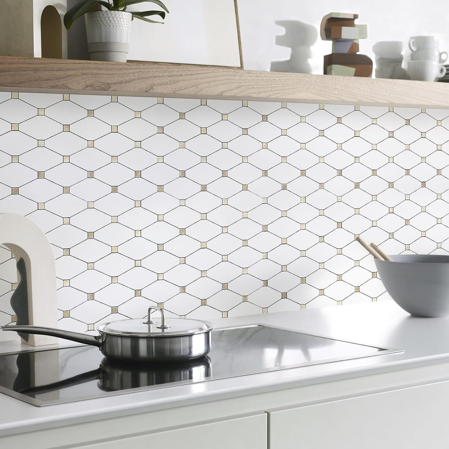 STICKGOO 10 Sheets Peel and Stick Backsplash, Polished Dolomite PVC Mixed Metal Gold Kitchen Backsplash, Stick on Backsplash Wall Tiles for Kitchen, Bathroom, RV