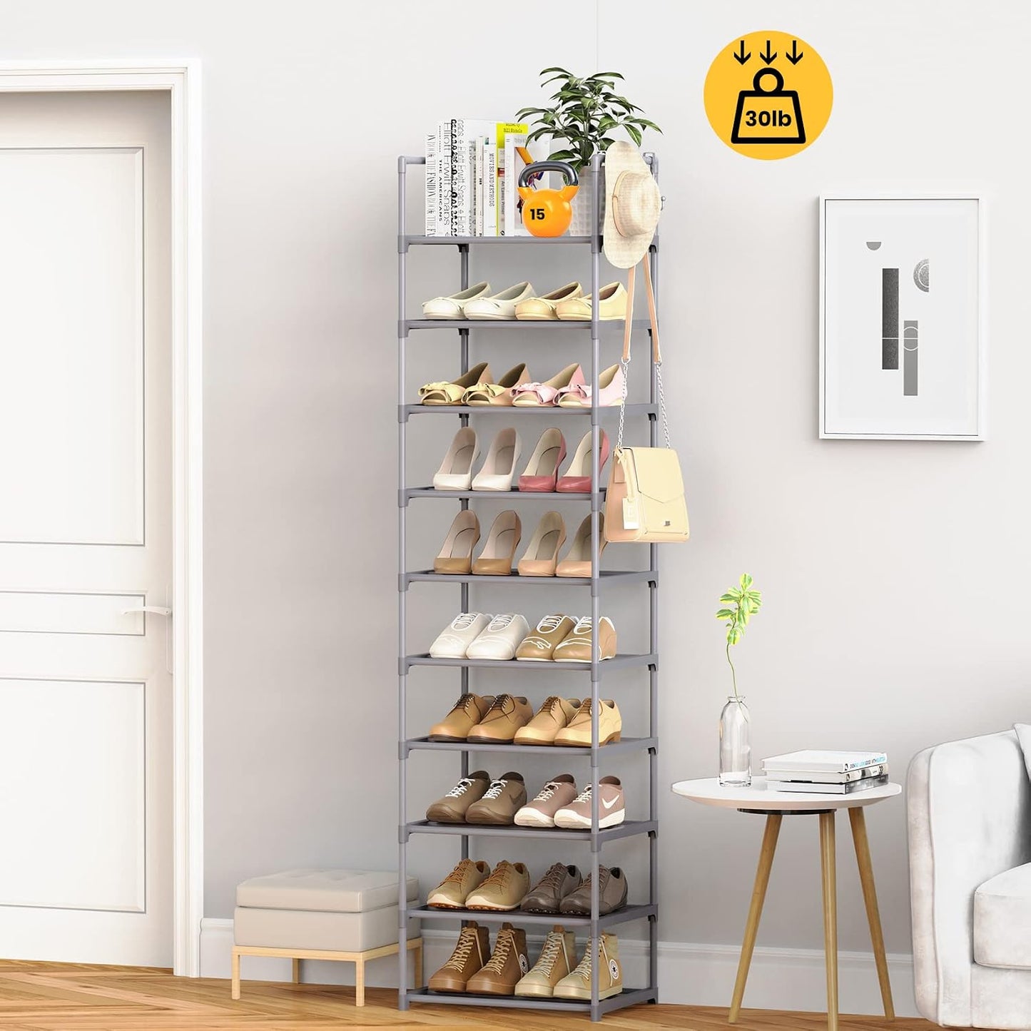 Narrow Shoe Rack 10 Tiers Tall Shoe Rack for Entryway Closet 20 24 Pairs Shoe & Boots Organizer Storage Shelf Durable Black Metal Stackable Shoe Cabinet with Hooks, 17.1D x 11.8W x 78.7H in