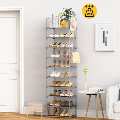 Narrow Shoe Rack 10 Tiers Tall Shoe Rack for Entryway Closet 20 24 Pairs Shoe & Boots Organizer Storage Shelf Durable Black Metal Stackable Shoe Cabinet with Hooks, 17.1D x 11.8W x 78.7H in