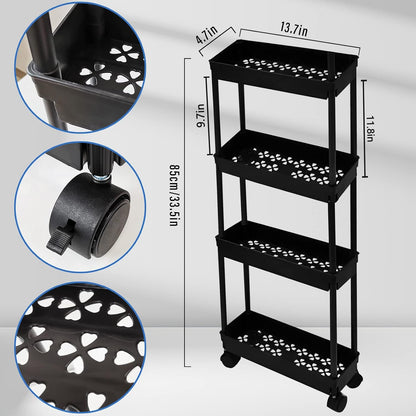 4 Tier Kitchen Bathroom Storage Rolling Cart 39 Inches Tall Slim Utility Rolling Shelf Cart with Wheels Coner Storage Shelves Cart, Black