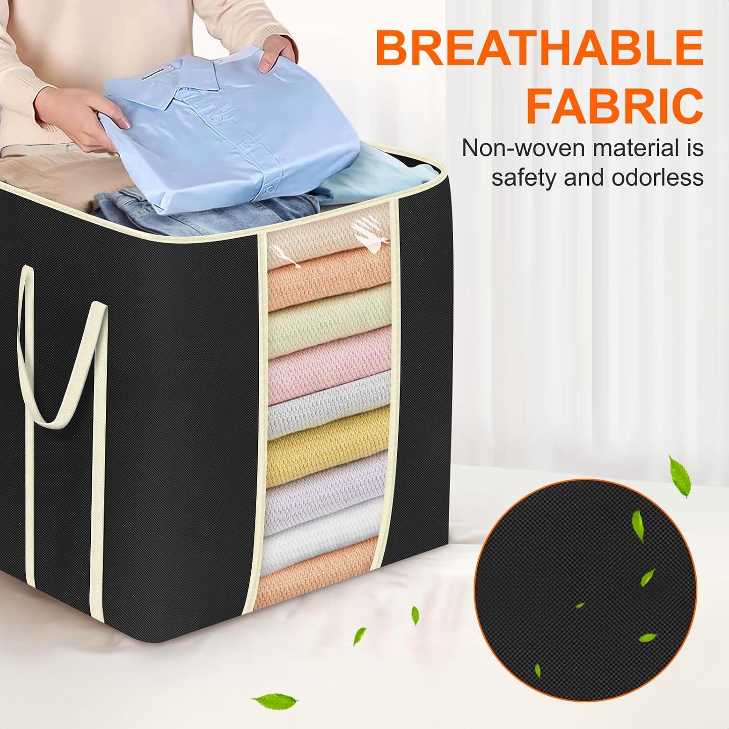 MISSLO King Comforters Storage Bag 120L for Blankets Clothes Sweaters Beddings Organizer with Reinfored Handles Non-Metal Fabric Storage Bin Organizer, Black