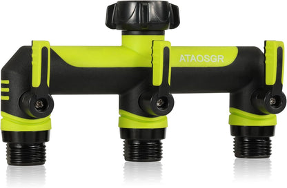 ATAOSGRGarden Hose Splitter 3 Way, 3/4" Outdoor Faucet Splitter, Tap Connector with On/Off Valves and Extended Handle, Tap Adapter Garden Hose Connector for Garden Outdoor Home - Greens