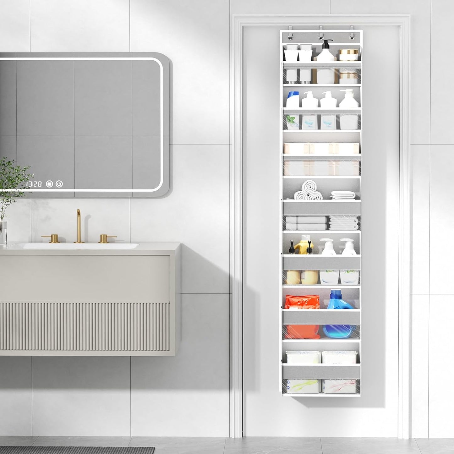 6 Tiers Over The Door Organizer, Heavy Duty Hanging Organizer Storage with Large Capacity Pockets, Behind Door Storage Hanging Shelves for Closet Wall Bathroom Bedroom Nursery Pantry, 1 Pack Grey