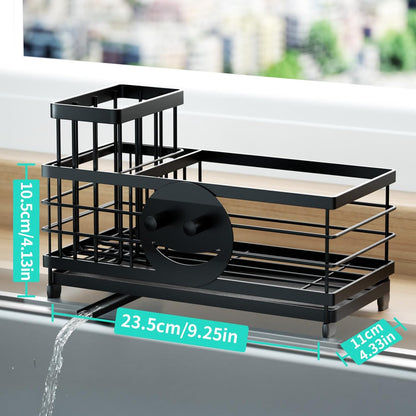 HapiRm Sponge Holder for Kitchen Sink - Self-draining Sink Caddy with Brush and Dishcloth Holders, Stainless Steel Kitchen Countertop Organizers and Storage Essentials - Black