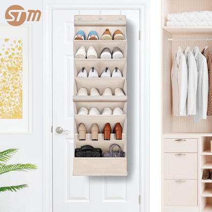 STORAGE MANIAC Over the Door Shoe Organizer with Curtain Dustproof Heavy-Duty Large Deep Pocket Hanging Shoe Organizer for Closet Dorm & Narrow Door Storage Shoe Holder Shoe Rack, 9-Shelf Beige 1 Pack