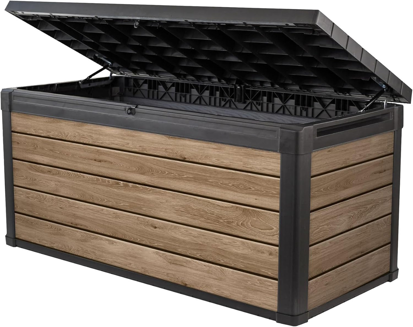 Keter Signature Everwood 30 Gallon Resin Outdoor Storage Box and Patio Furniture Side Table for Pool and Garden Accessories, Walnut