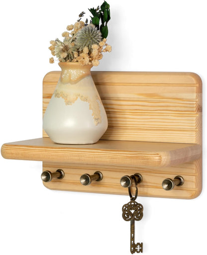 Rebee Vision Farmhouse Key Holder Wall Mount for Home Decor – Decorative Pine Wooden Key Holder for Wall with 6 Hooks & Floating Shelf - Rustic Charm for Room Decor Aesthetic (Brown)