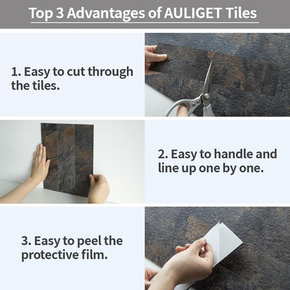 AULIGET 40-Piece Polished White Marble with Gold Peel and Stick Backsplash Wall Tiles, 3" x 12" PVC Faux Stone Stick on Tiles for Backsplash Kitchen, Bathroom, Laundry Room, Camper, Fireplace
