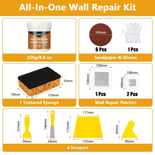 KURUI Drywall Repair Kit, 8.8oz Spackle Wall Repair Paste with Scraper, 6 Sandpaper Sheets & Self Adhesive Dry Wall Patch Kits, Easy Hole Filler for Drywall, Plaster and Home Repair