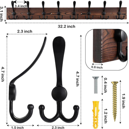 Kuhome 2pcs Coat Rack Wall Mount Wooden Hat Rack for Wall Hooks Pine Real Wood Plank 16.9" Brown Coat Hanger with 5 Triple Hooks for Hanging Coat Hat Jacket