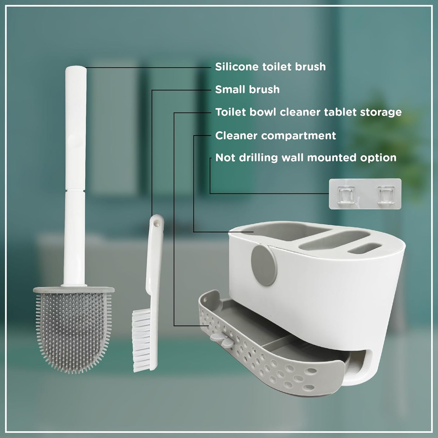 Silicone Toilet Brush and Holder Set with 2 Toilet Bowl Brushes, Ventilation Slots Base