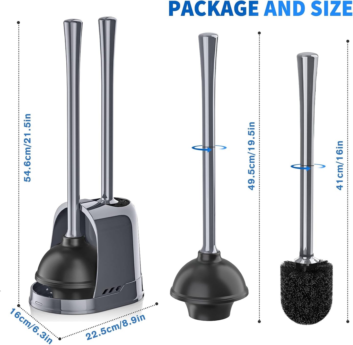 LOVLOY Toilet Plunger and Brush, Bowl Brush and Heavy Duty Toilet Plunger Set with Ventilated Holder, 2-in-1 Toilet Brush and Plunger Combo for 5.3-inch Toilet Drain Bathroom Cleaning (Black)