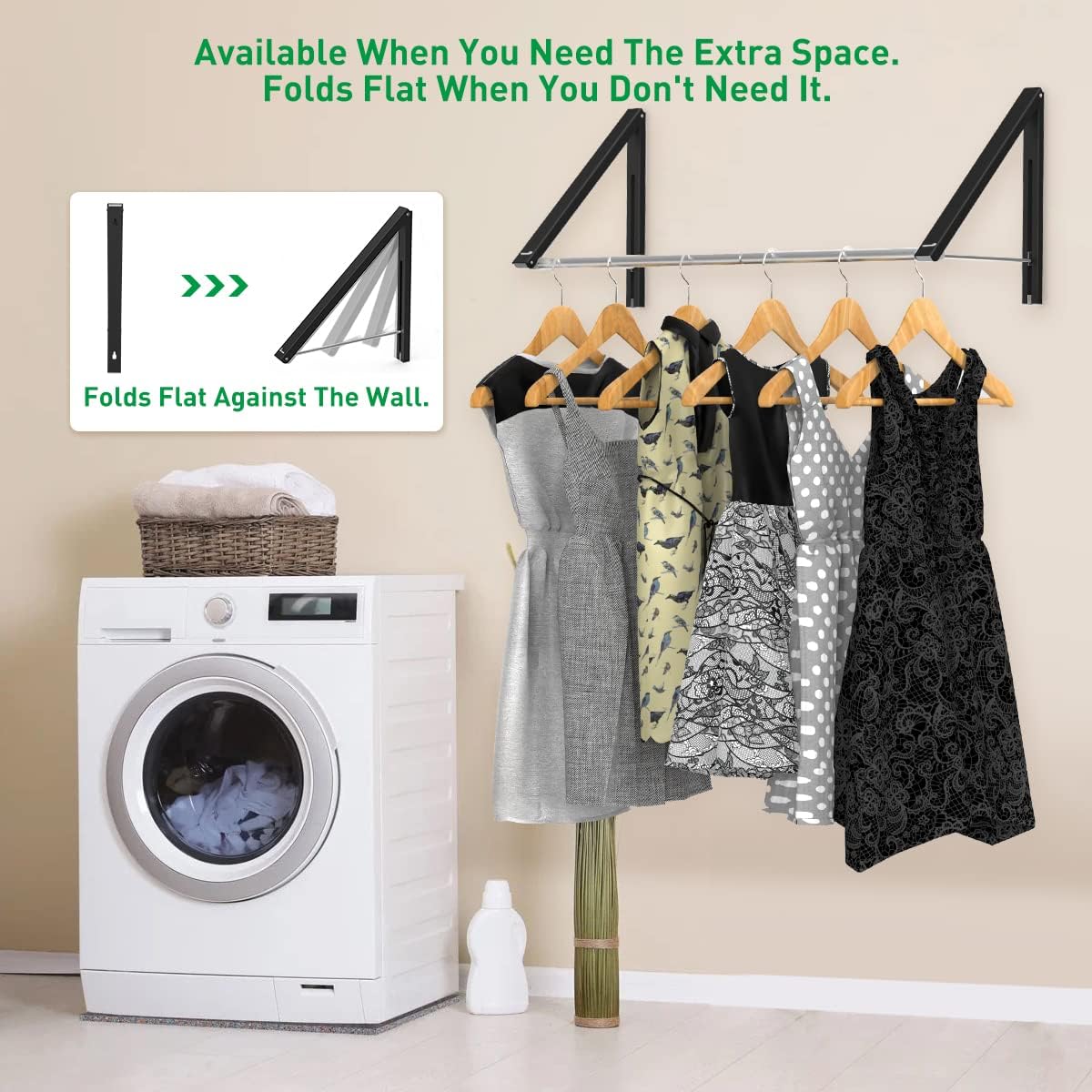 Laundry Room Drying Rack Wall Mounted Clothes Hanger Folding Wall Coat Racks Aluminum Home Storage Organiser Space Savers White 2 Rakcs with Rod