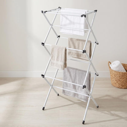 Honey-Can-Do Heavy-Duty Gullwing Clothes Drying Rack, 50 lb, White | Gullwing rack adds 46 ft of drying space with dedicated shoe bars. Sturdy metal, 50 lb capacity, folds flat.