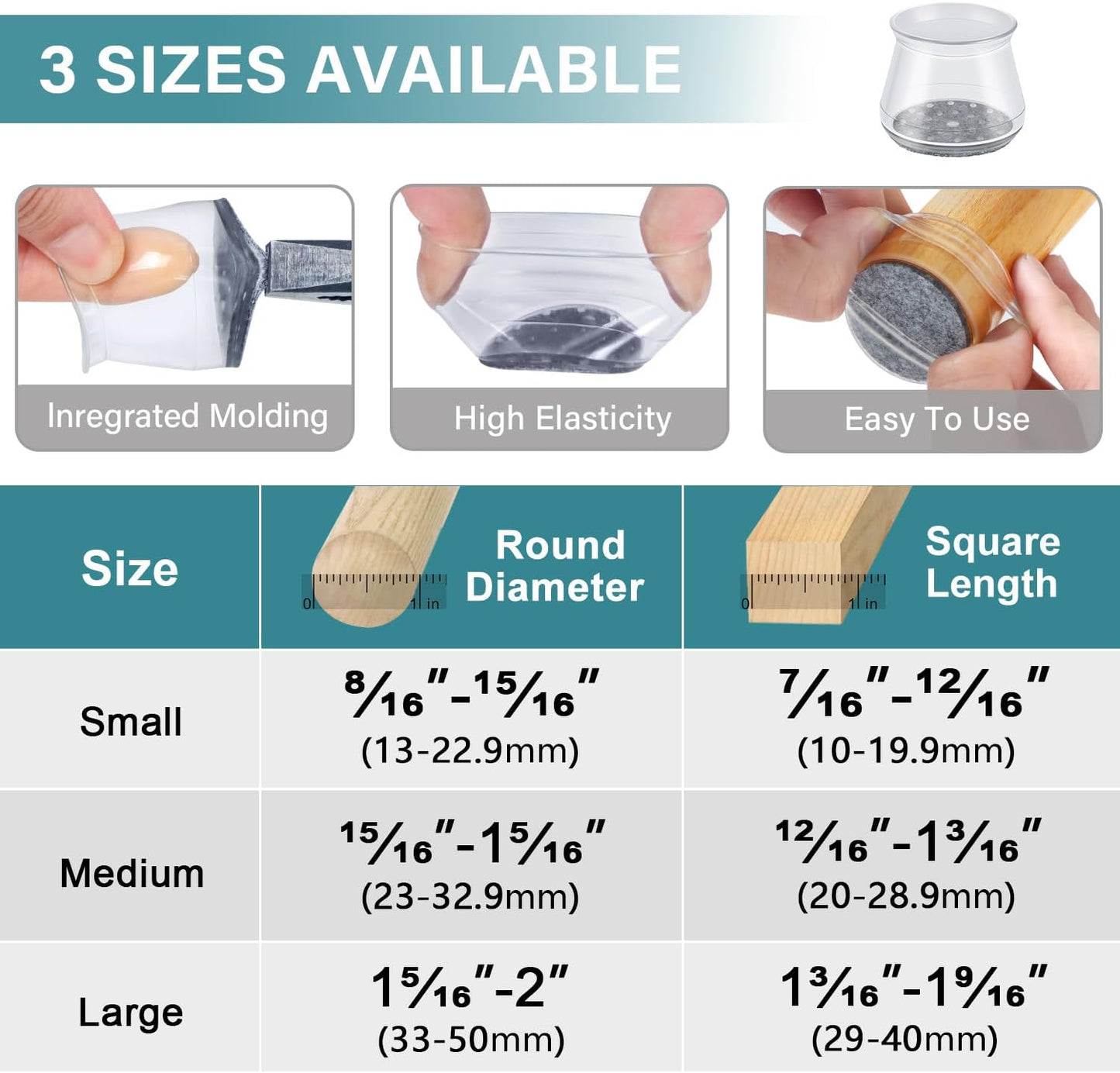 Ansible 24 Pcs Chair Leg Floor Protectors Square, Silicone Felt Furniture Leg Pads Caps Covers for Hardwood Floors (Fit:1-1/16" to 1-5/8")