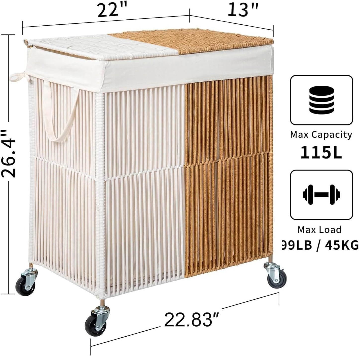WOWLIVE Laundry Hamper with Wheels, 160L Handwoven Rolling Laundry Basket 3 Section with Lid, Clothes Hamper with Removable Liner Bags, Large Capacity Laundry Sorter Laundry Room Organization, Natural
