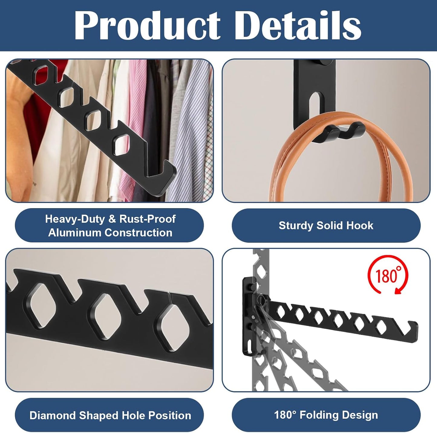 3-Pack Black Aluminum Wall Mounted Coat Hanger Holder, Retractable Folding Drying Rack - Space Saving Closet Organizer for Laundry, Bedroom, Bathroom