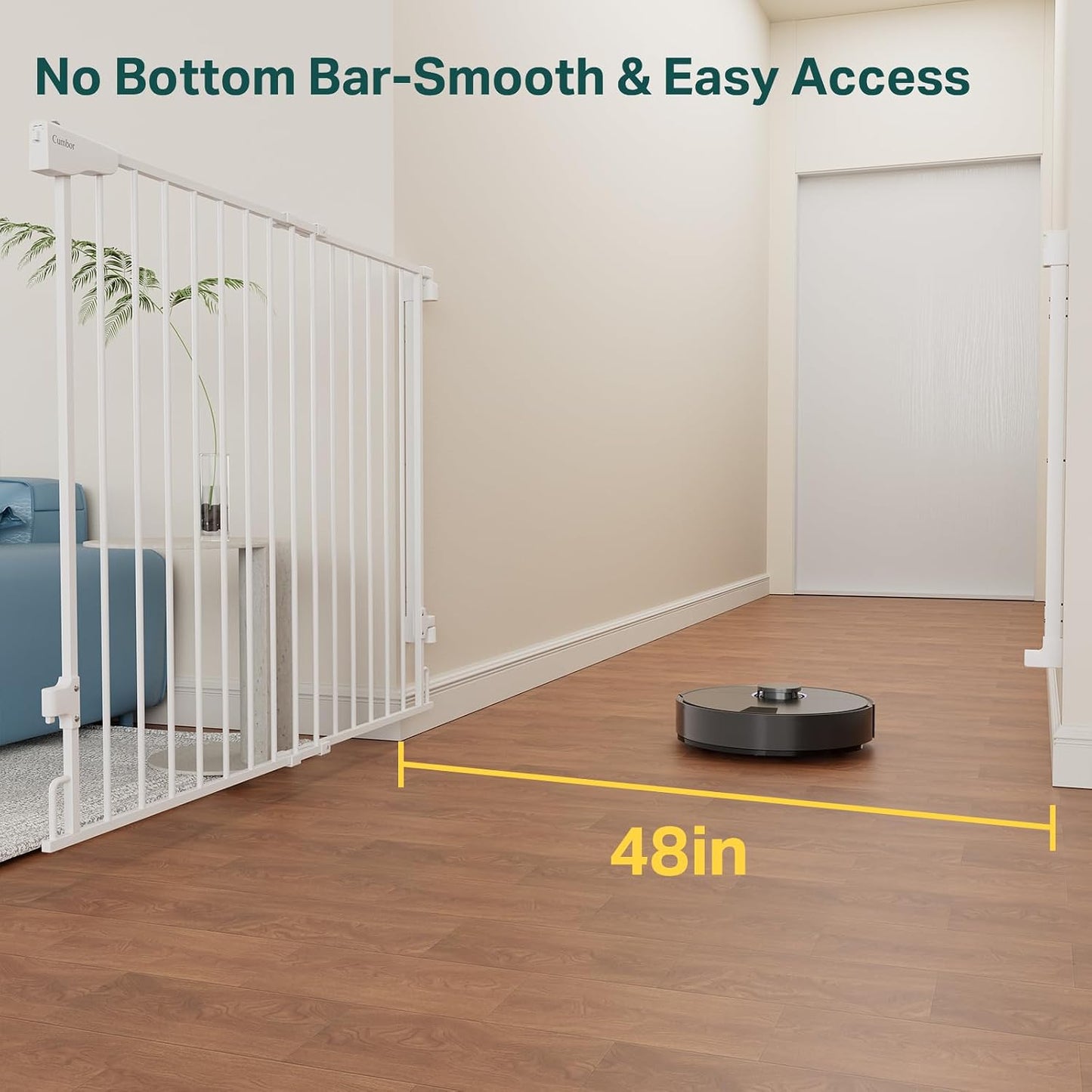 Cumbor 29.2–43" Baby Gate for Stairs, Hardware Mounted (Drill Required), Expandable No Bottom Bar Dog Gate, Auto Close Extra Wide Walk Thru, Pet & Toddler Proof Gate, Top & Bottom of Stairways (White)
