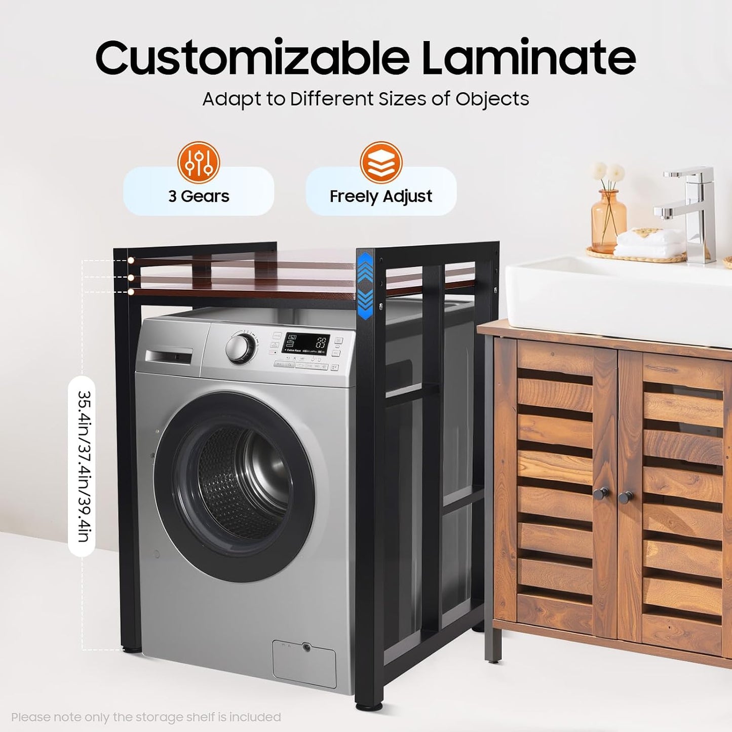 Over Washer and Dryer Shelves, Washer and Dryer Storage Shelf, Adjustable Laminate and Foot Pads Washing Machine Storage Rack for Kitchens Dressing Rooms (Black, Teak Color)