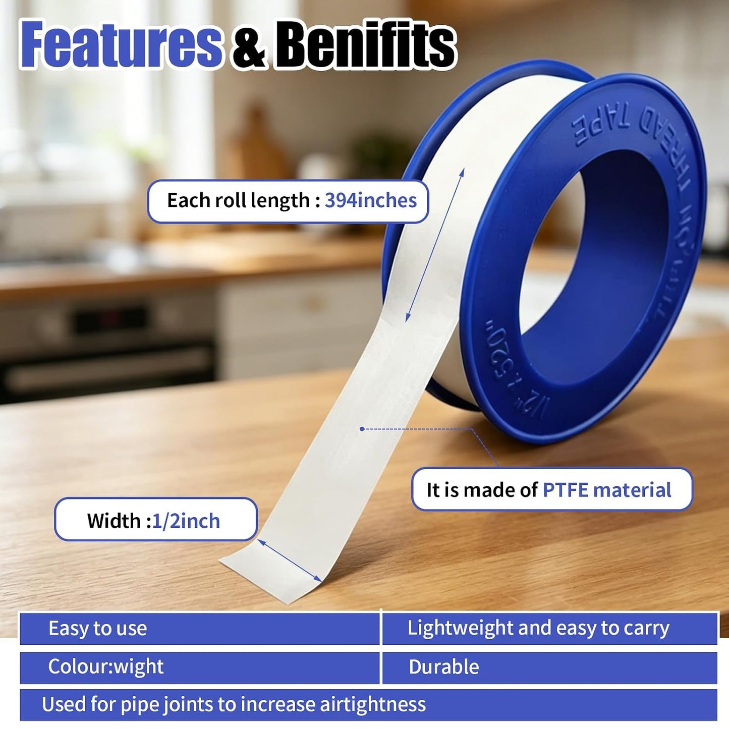 30 Rolls 1/2 Inch(W) × 394 Inches(L) Teflon Plumbers Tape | Plumbing waterproof seal tape for plumber,plumbing thread tap air head and pipe sealing.