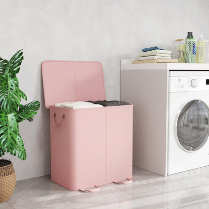 Lifewit Double Laundry Hamper with Lid and Removable Laundry Bags, Large Collapsible 2 Dividers Dirty Clothes Basket with Handles for Bedroom Laundry Room Closet Bathroom College, 136L Beige