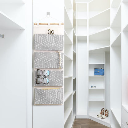 CROWNED 2Pcs Over Door Hanging Storage Bags Wall Mount Closet Organizer, 4 Big Pockets Linen Cotton Fabric Living Room Bedroom Bathroom File Magazine Waterproof Free Hooks White