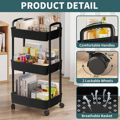 EZ COZY 3 Tier Rolling Cart, Plastic Diaper Cart Organizer with Wheels, Roller Cart for Diapers, Baby Nursery, Kitchen, Bathroom, Living Room and Bedside, White