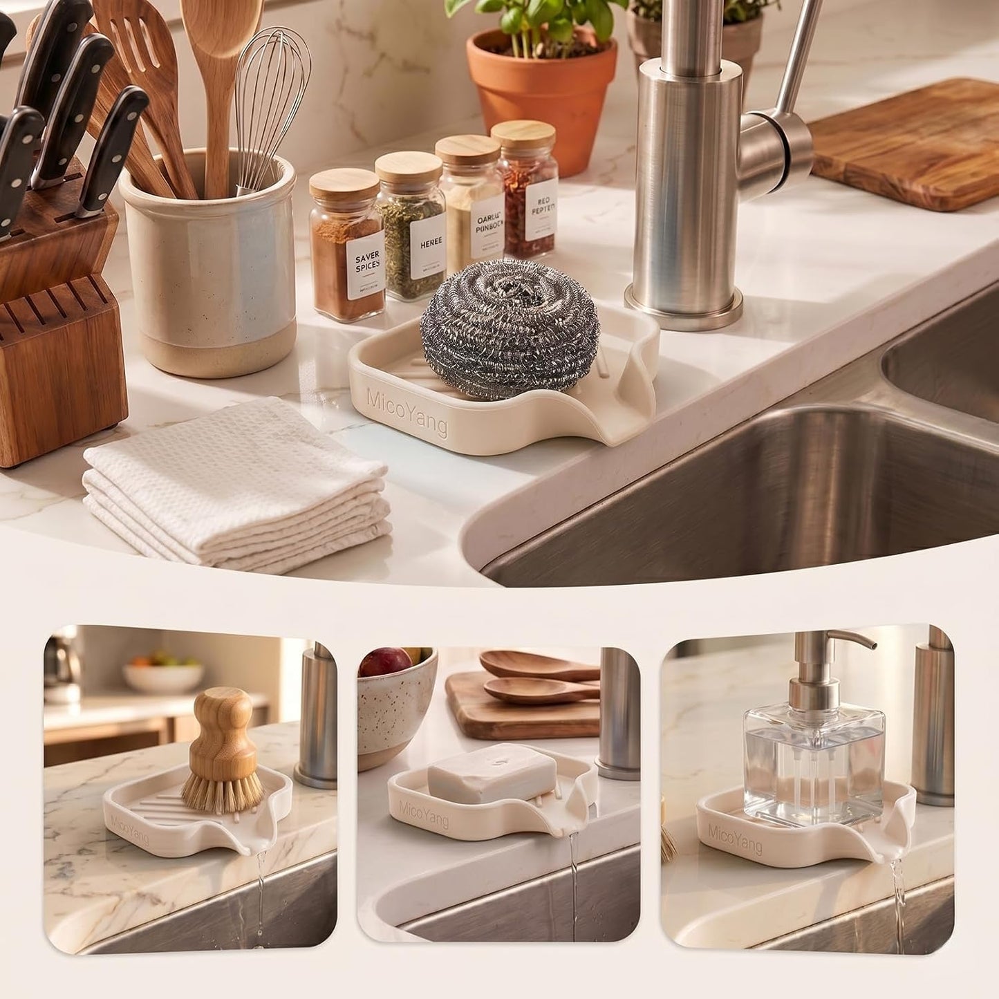 MicoYang Silicone Soap Dish with Drain Spout, Self-Draining Sink Organizer Tray for Bathroom and Kitchen, Sponges, Dispensers and Soap Holder, Non-Slip & Dishwasher Safe, Tapioca (Compact, 4.9"×3.2")
