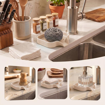 MicoYang Silicone Soap Dish with Drain Spout, Self-Draining Sink Organizer Tray for Bathroom and Kitchen, Sponges, Dispensers and Soap Holder, Non-Slip & Dishwasher Safe, Tapioca (Compact, 4.9"×3.2")