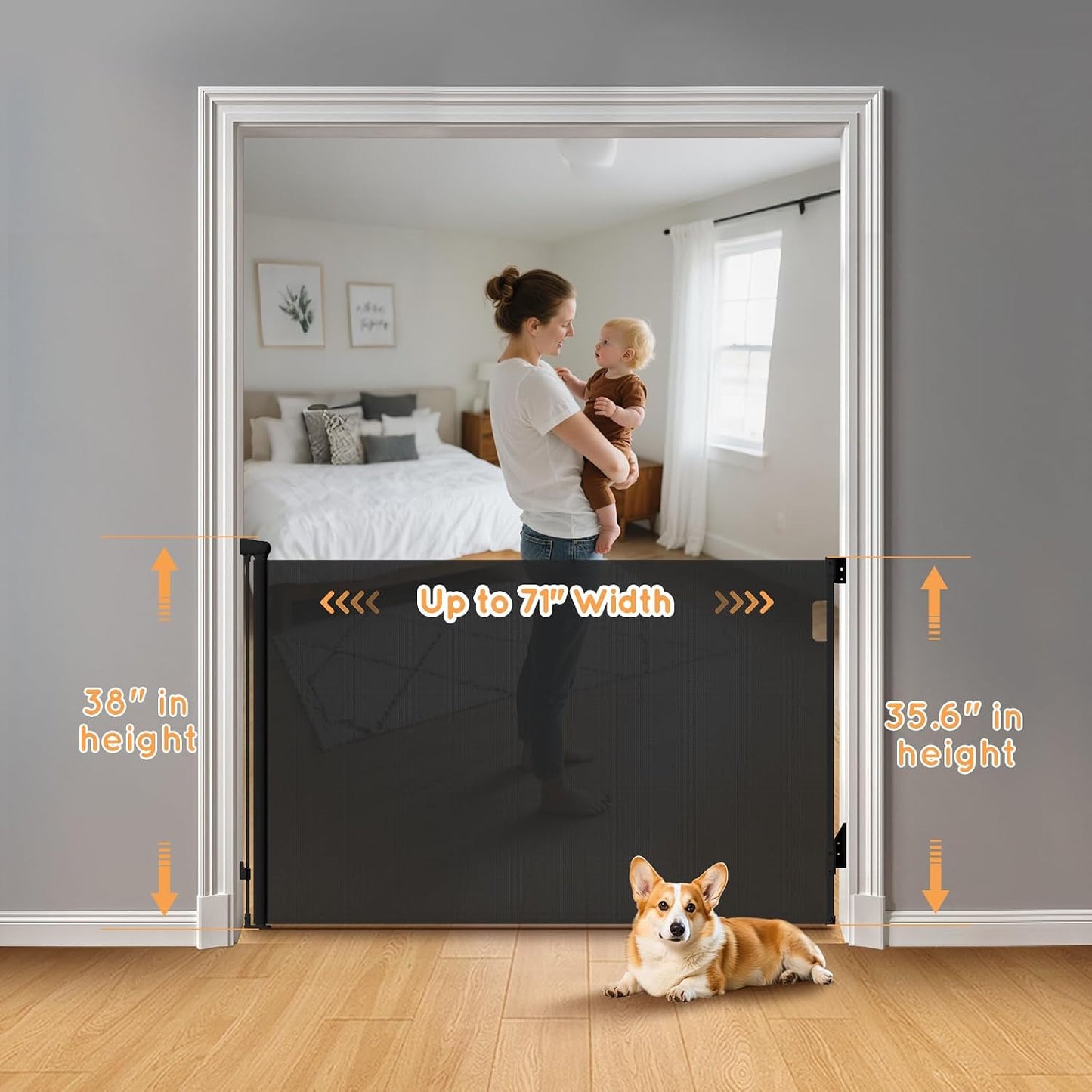 Retractable Baby Gate, 38" Extra Tall Mesh Dog Gate with Auto-Tension Design, 71" Wide One-Hand Operation Doorway Gates for Pets & Babies, No Bottom Rail Safety Gate for Hallways, Black