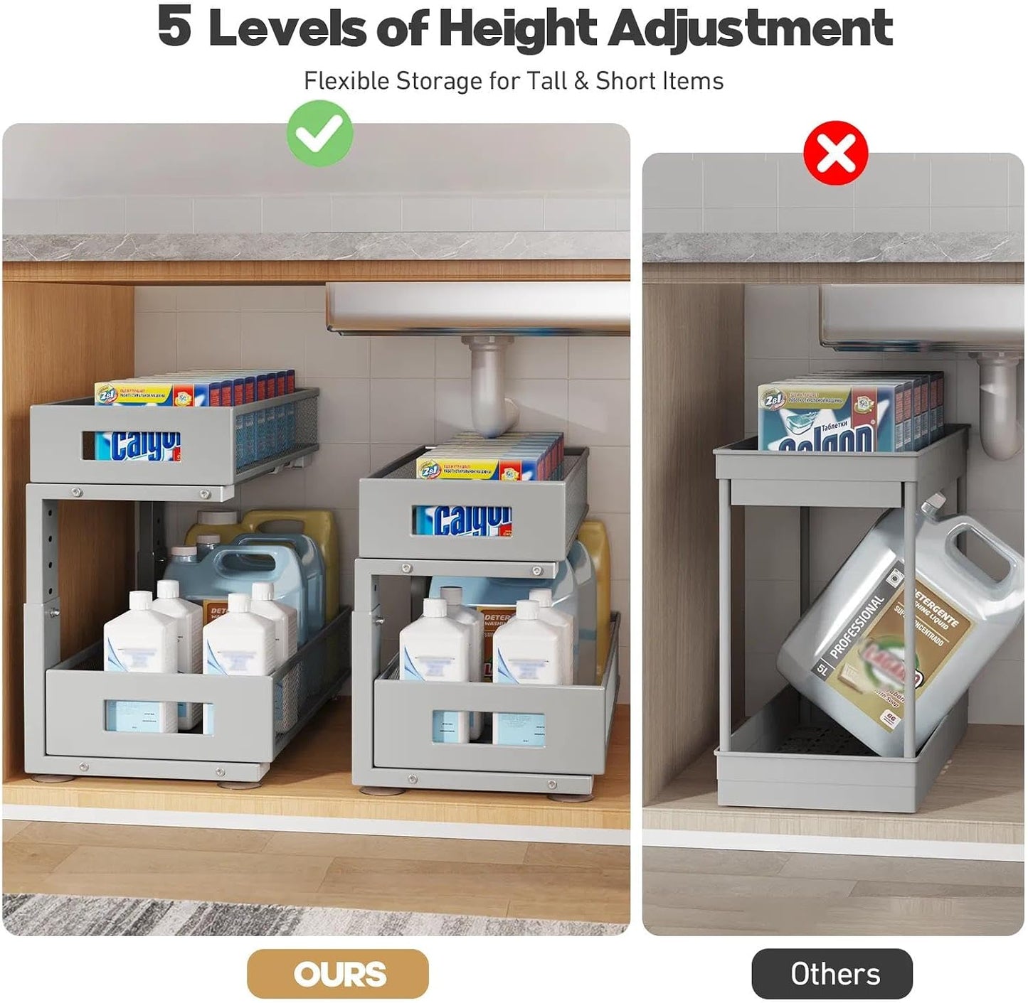 Under Sink Organizer, 2-Tier Dual Pull Out Cabinet Organizer Drawers With Smooth Circular Rail, Large Capacity Metal Mesh Sliding Shelves For Bathroom& Kitchen Storage,Height Adjustable–White,2 Packs