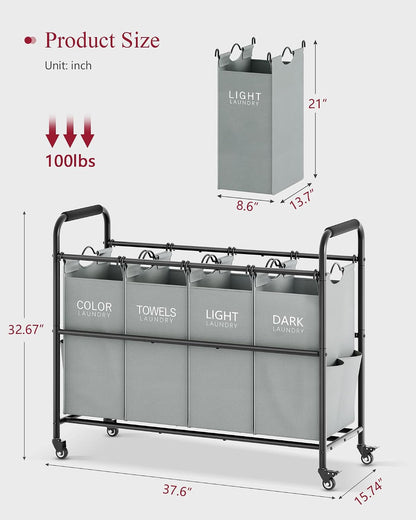 Tajsoon 4 Bag Laundry Sorter Cart, 4 Section Laundry Hamper Sorter with Heavy Duty Lockable Rolling Wheels, Laundry Separator Hamper with Removable Bags for Dirty Clothes Storage, Black