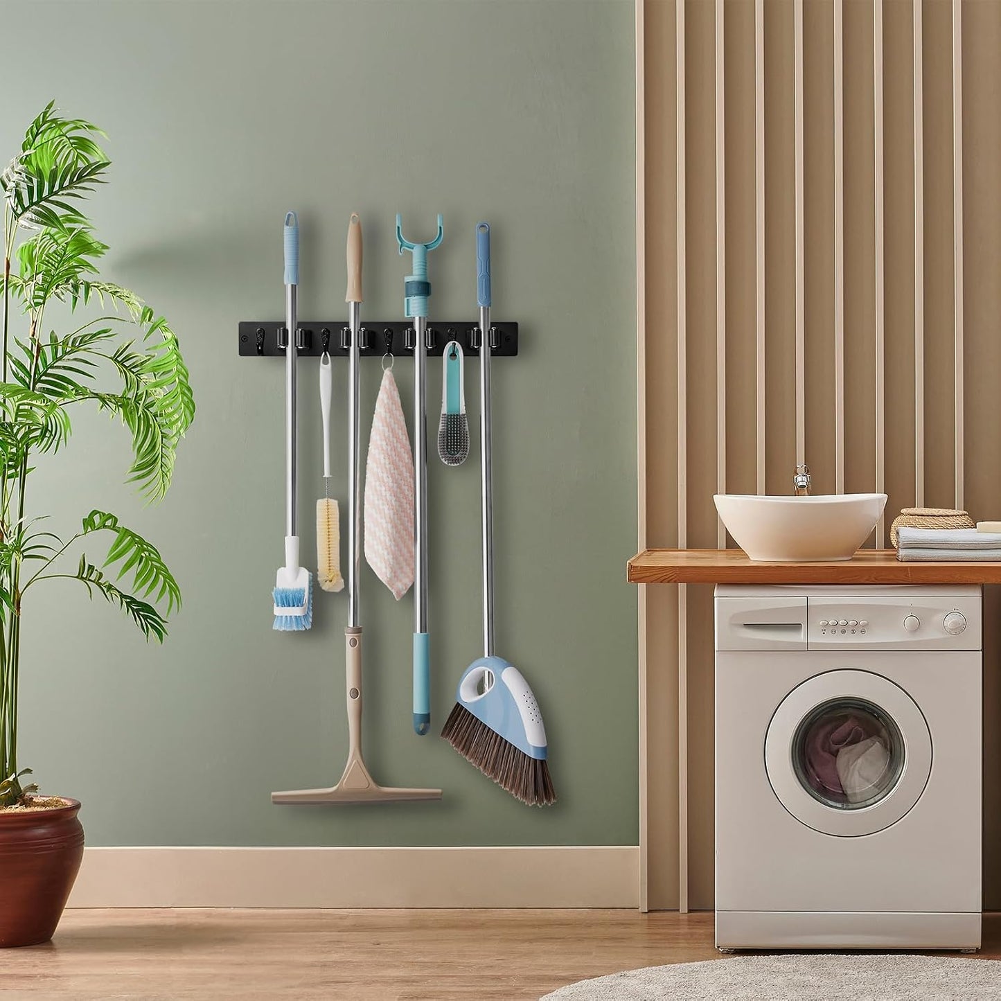 OUTNILI Mop and Broom Holder Wall Mount - Wood Broom Mop Hanger - Wall Mounted Garden Tool Rack Organizer for Closet Garage Laundry Room for Rustic Kitchen Decor With 5 Slots & 4 Hooks