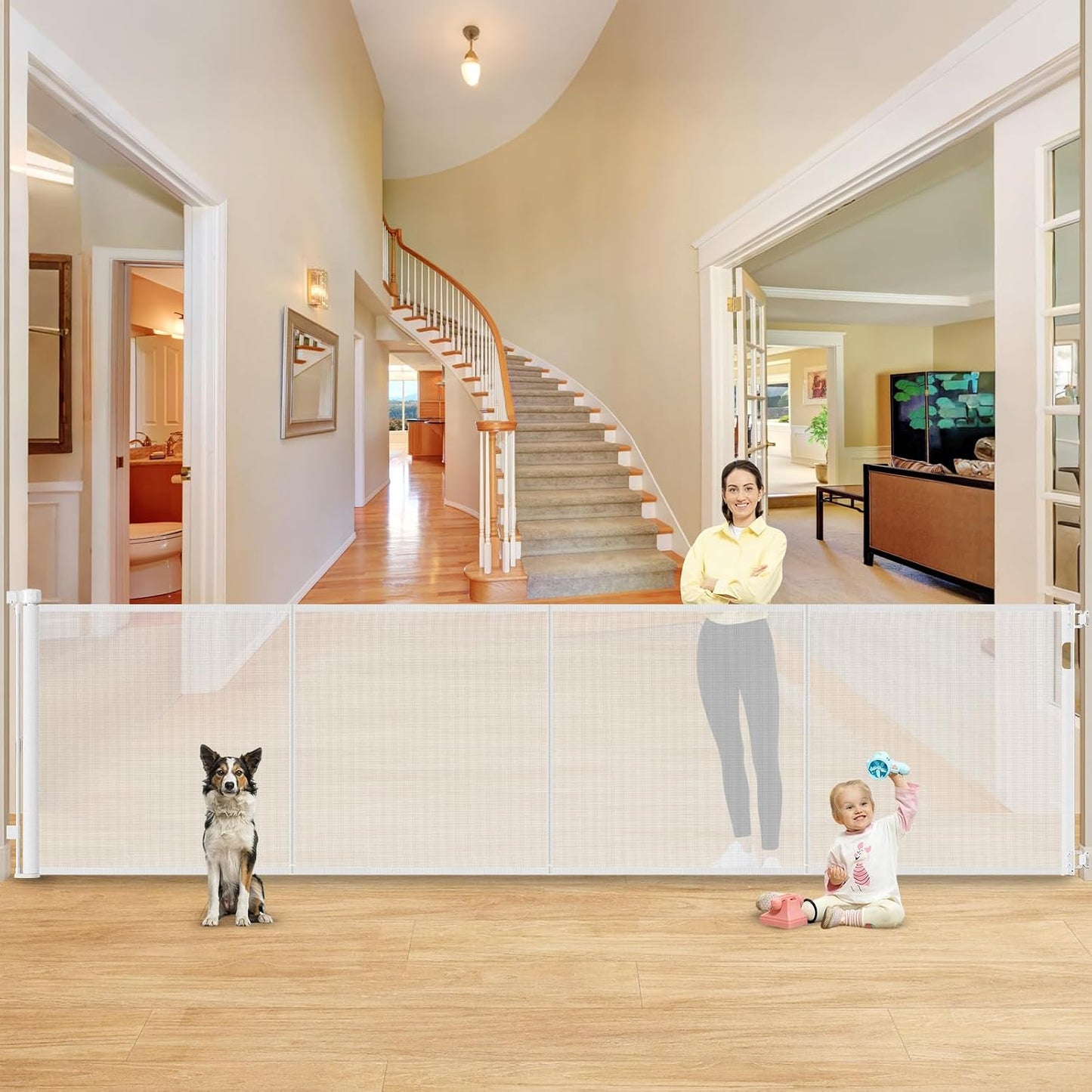 42 Inch Extra Tall Retractable Baby Gates with Reinforced Strips 55 Inch Wide Outdoor Retractable Dog Gate No Sag Extra Tall Baby Gate for Doorway Anti-Scratch Mesh Gates for Kids or Pets, White