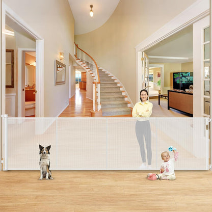 42 Inch Extra Tall Retractable Baby Gates with Reinforced Strips 55 Inch Wide Outdoor Retractable Dog Gate No Sag Extra Tall Baby Gate for Doorway Anti-Scratch Mesh Gates for Kids or Pets, White