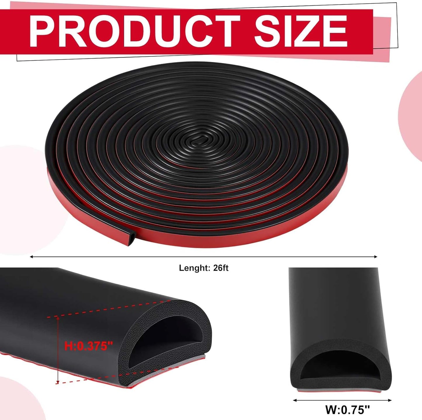 Pangda 13ft Foam Rubber D Shape Seal Strip 1" W x 0.5" H Self Adhesive EPDM Rubber Weather Stripping RV Slide Out Seal Heavy Duty Automotive Weather Stripping for Car Truck RV Boat Home
