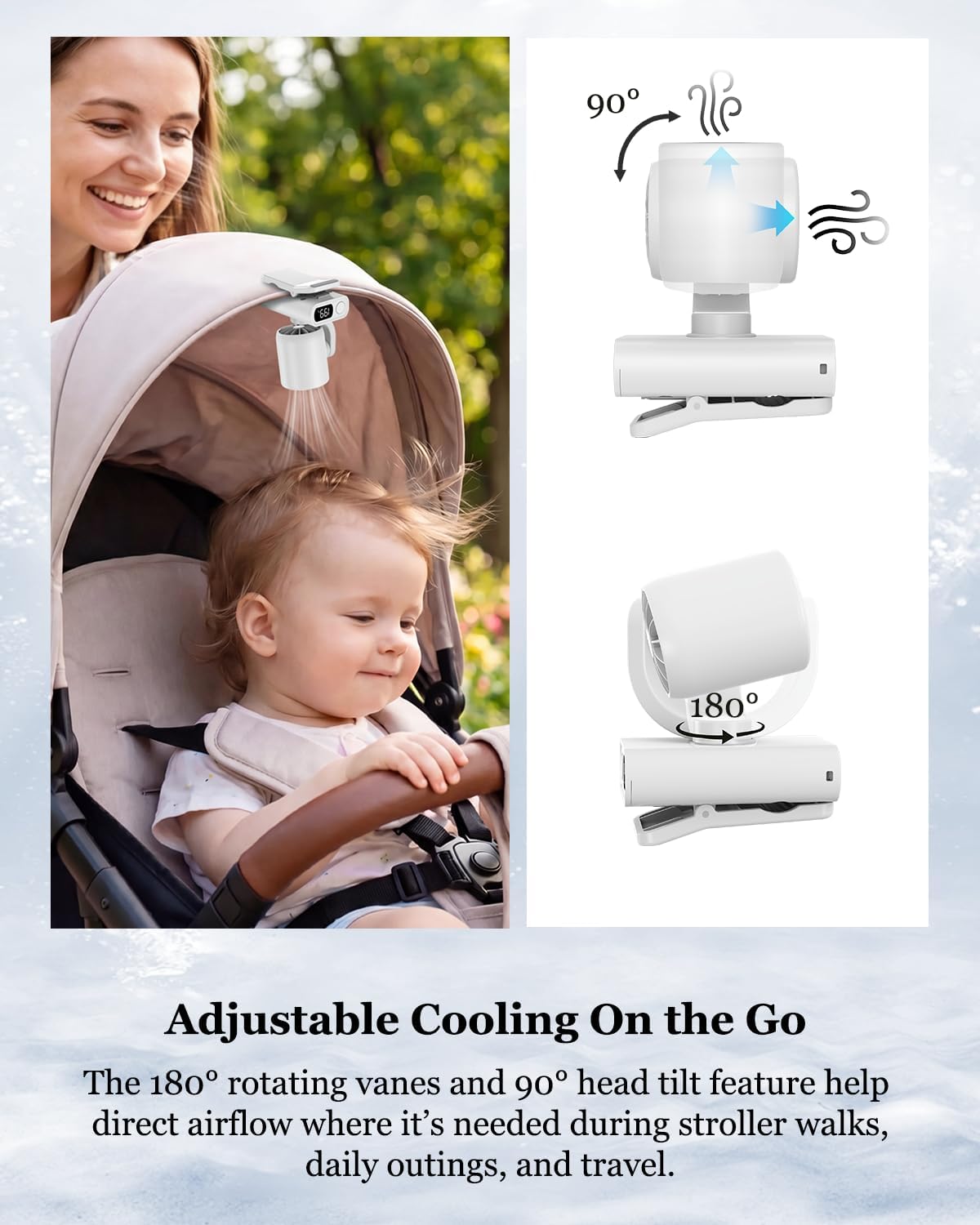 3 in 1 Clip On Portable Fan, Quiet Lash Extension Fan, Baby Stroller Fan, Rechargeable Handheld Pocket Fan with LED Display, 5 Speed 8000RPM Turbo Cooling Fan for Travel, Concert, Office, Makeup,Desk