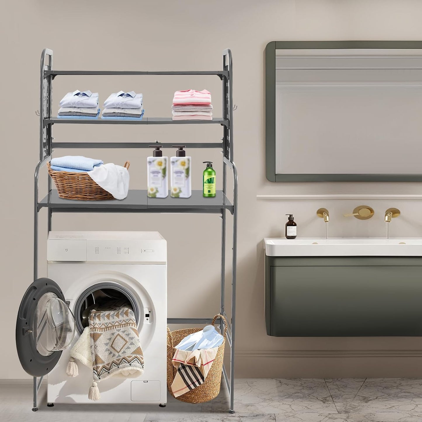 3-Tier Expandable Over Toilet Washing Machine Dryer Storage Utility Rack Bathroom Organizer Rack Laundry Room Storage and Organizer Standing Shelf Space Saving