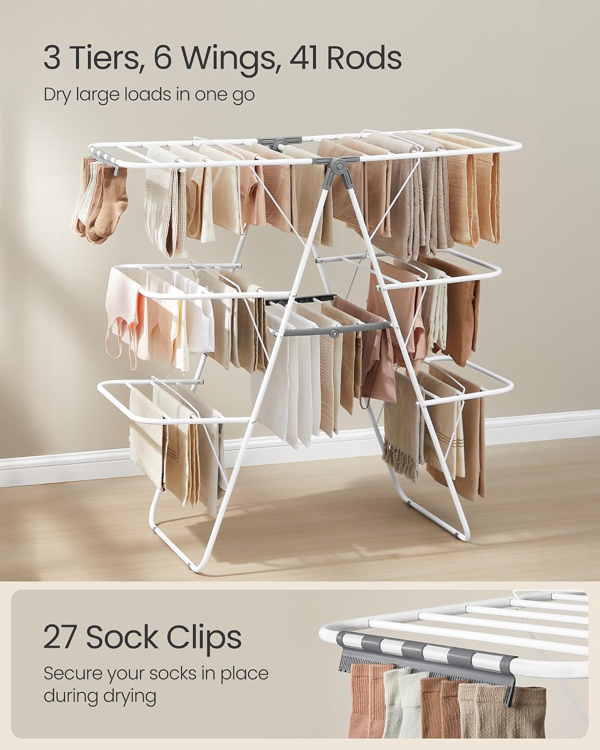 SONGMICS Clothes Drying Rack, Foldable Laundry Drying Rack, Blue | Sock Clips, Metal Clothes Airer with Height-Adjustable Gullwings, Space-Saving, Indoor Outdoor, ULLR505EQ01